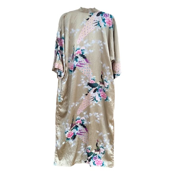 Peacock Kimono Bat Wing Sleeves Golden Beige Orchids Floral No Belt Size XL - Picture 2 of 12